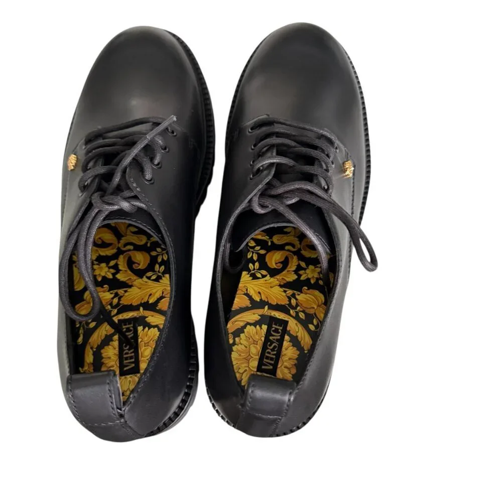 Versace 1014646 Men's Black 100% Leather Small Gold‎ Logo Medusa Derby Shoes, 44